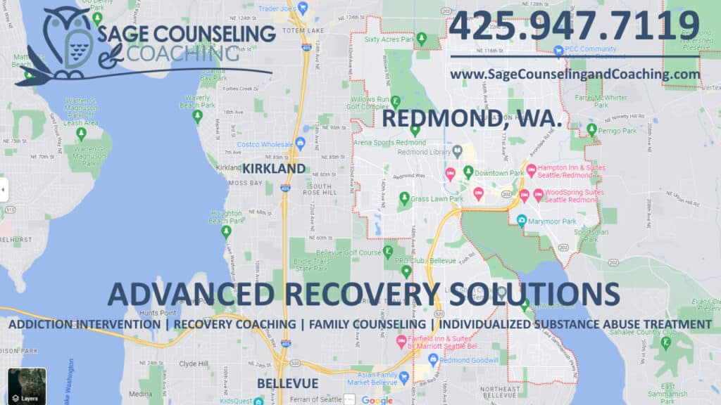Map of Redmond, WA. Advanced Recovery Services Addiction Intervention and Recovery Sober Coaching in Redmond, Washington
