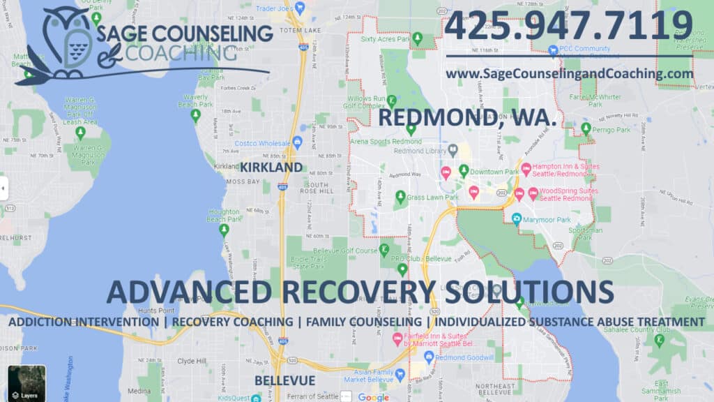 Map of Redmond, WA. Advanced Recovery Services Addiction Intervention and Recovery Sober Coaching in Redmond, Washington